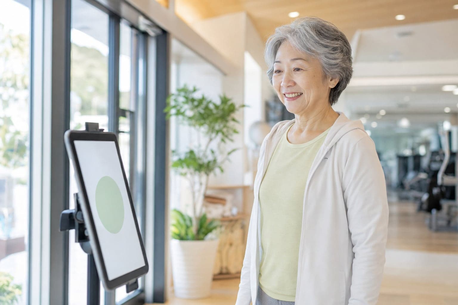 店舗のタブレットでチェックインする会員