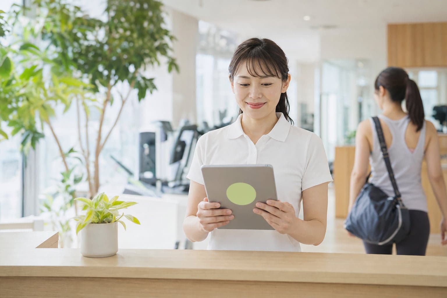 受付で iPad を確かめるスタッフ